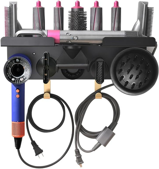 Wall Mount Holder for Dyson Airwrap Styler & HD16 Hair Dryer, 2-in-1 Curling Iron Organizer with Hooks, Magnetic Storage Rack for Accessories Nozzles Barrels Brushes