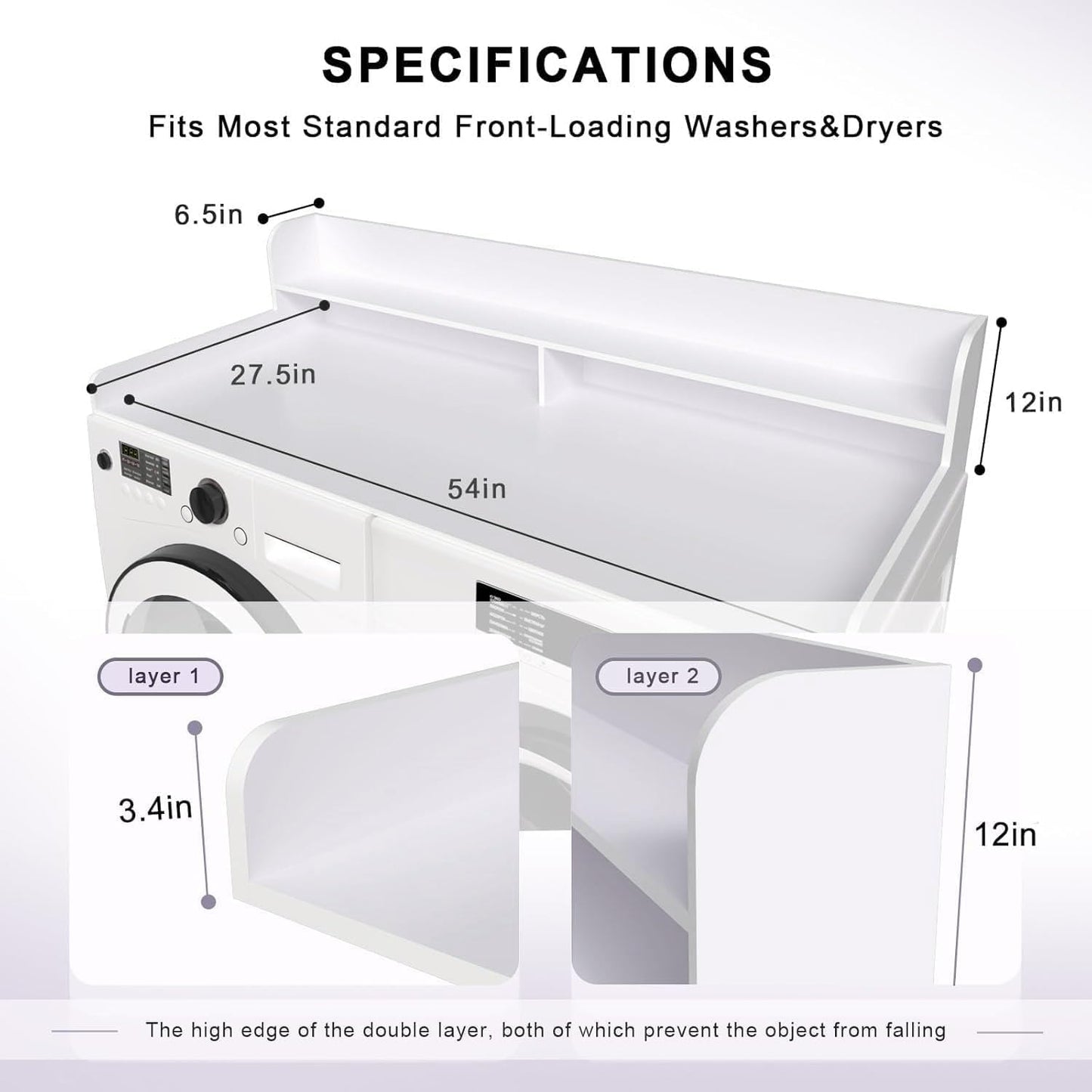 2-Tier Washer and Dryer Countertop Shelf, White Laundry Topper with Non-Slip Pads, Laundry Room Storage & Organization for Small Apartment Kitchen