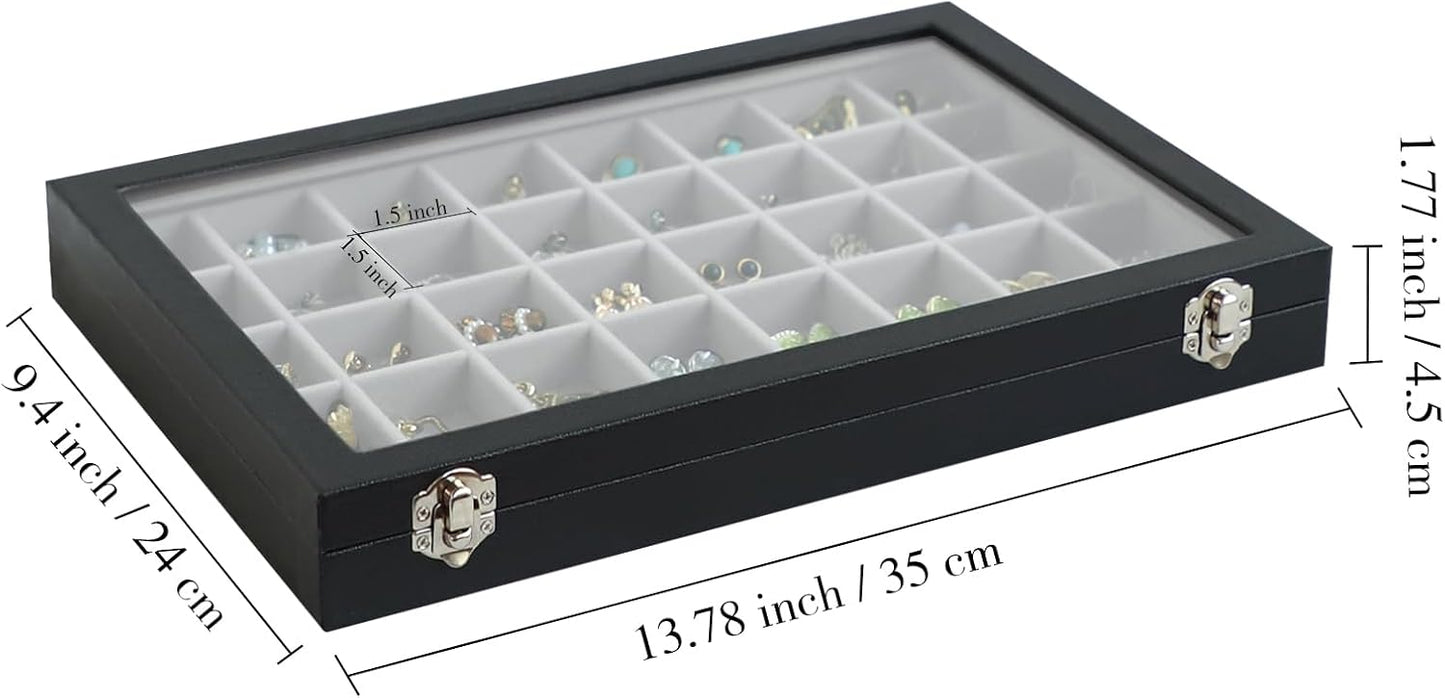 Stratalife Jewelry Organizer 40 Grid Gray Black Jewelry Tray with Clear Dust-proof Lid Velvet Earring Organizer Necklace Rings Holder Display Drawer Storage Case for Women
