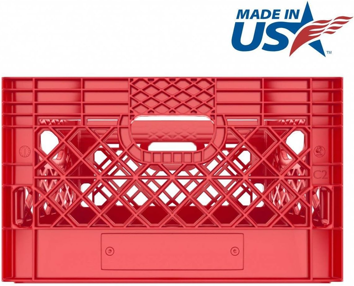 Heavy Duty Plastic Storage Milk Crates, Stackable Utility Organizer Bins, 19x11x13 Inches, 6 Pack, Made in USA, 24 Qt/6 Gallon Capacity (Red)
