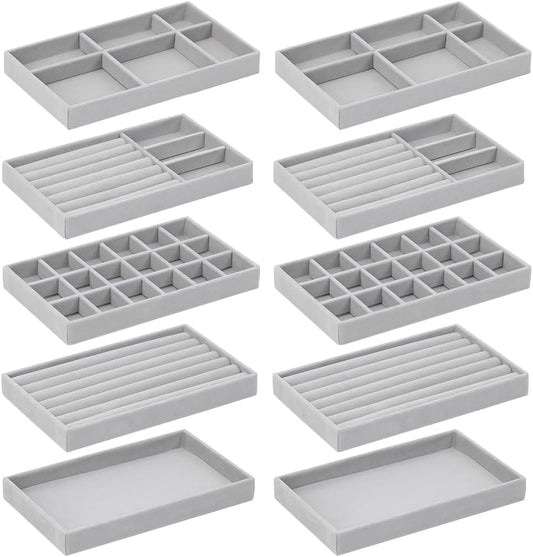 10 Pack Jewelry Organizer Tray Drawer Inserts Stackable Velvet Liner Dividers Customizable Jewellery Box Foam Ring Earring Holder Necklace Bracelet Storage Display Dish Flat in Dresser Vanity