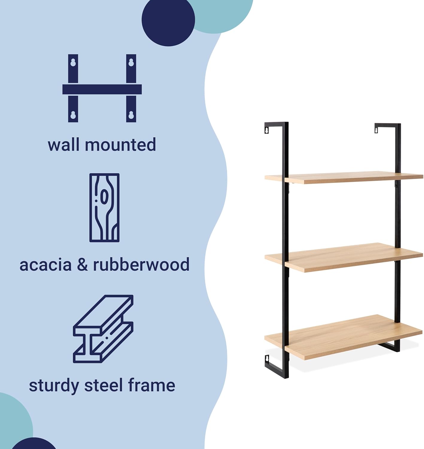happimess MSH1000B Madera 40.55" Classic Industrial 3-Shelf Wood Wall-Mounted Open Ladder Bookcase with Metal Frame, Light Oak/Black