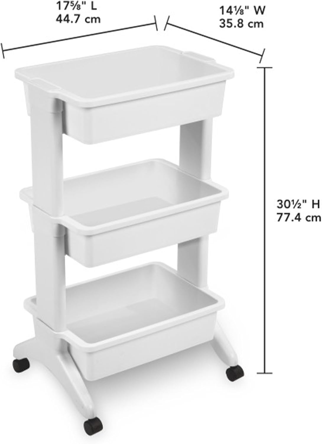 Sterilite 3 Tier Utility Cart Portable Storage Open Bin Organizer with 360 Degree Smooth Rolling Caster Wheels, Supports 10 lb Per Tier, White, 9-Pack