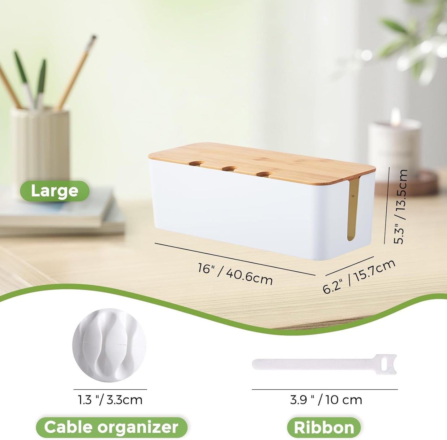 Cable Management Box, Cord Cable Organizer Box with Bamboo Lid, Under Desk Cable Management with 10 Cable Ties and 2 Cable Clip Holders for TV Router Computer USB Hub White