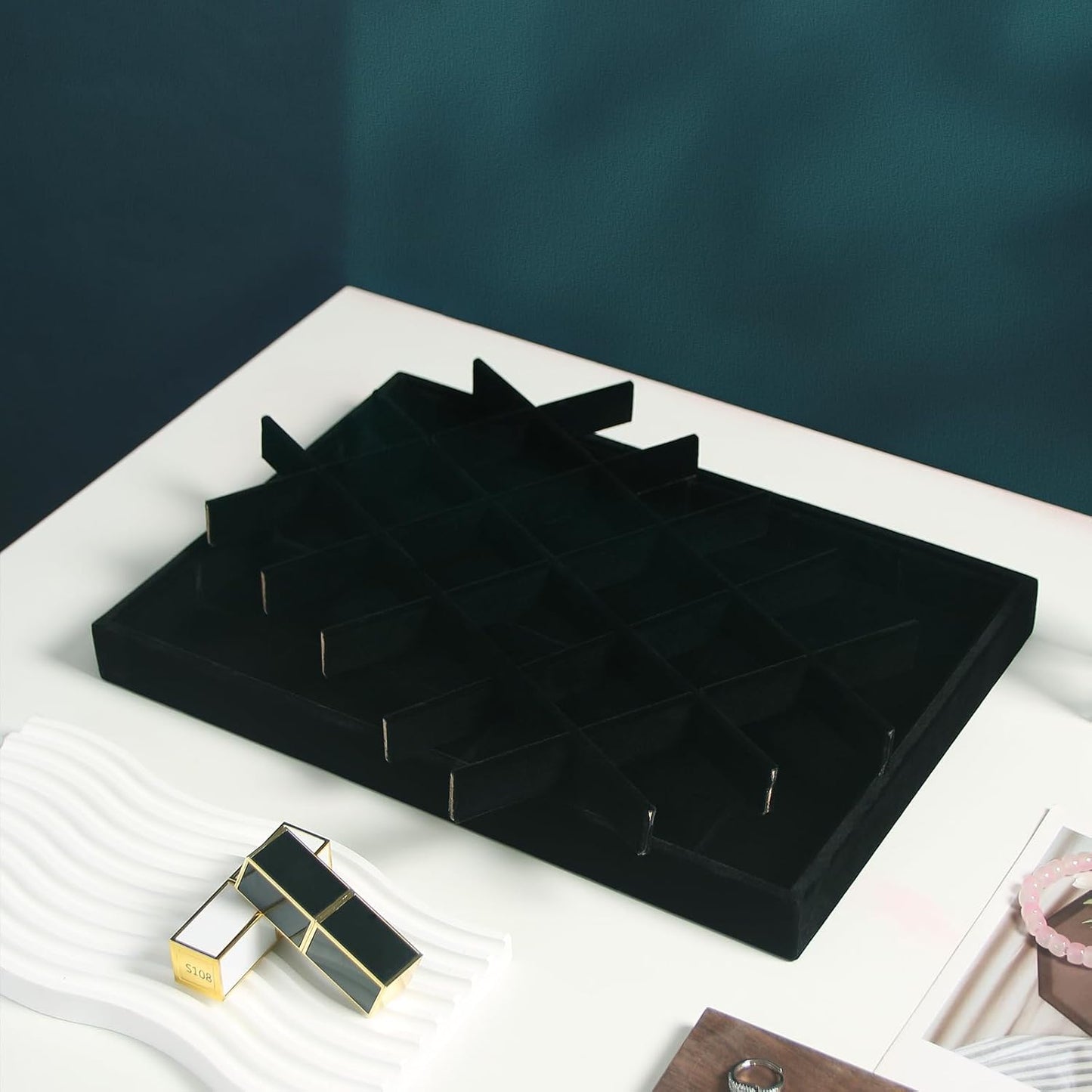 Coward 2PC Black Velvet Stackable 24 Gird Jewelry Organizer Tray Necklace Earring Box Storage Drawer Ring Earring Display Holder (24grid+24grid)