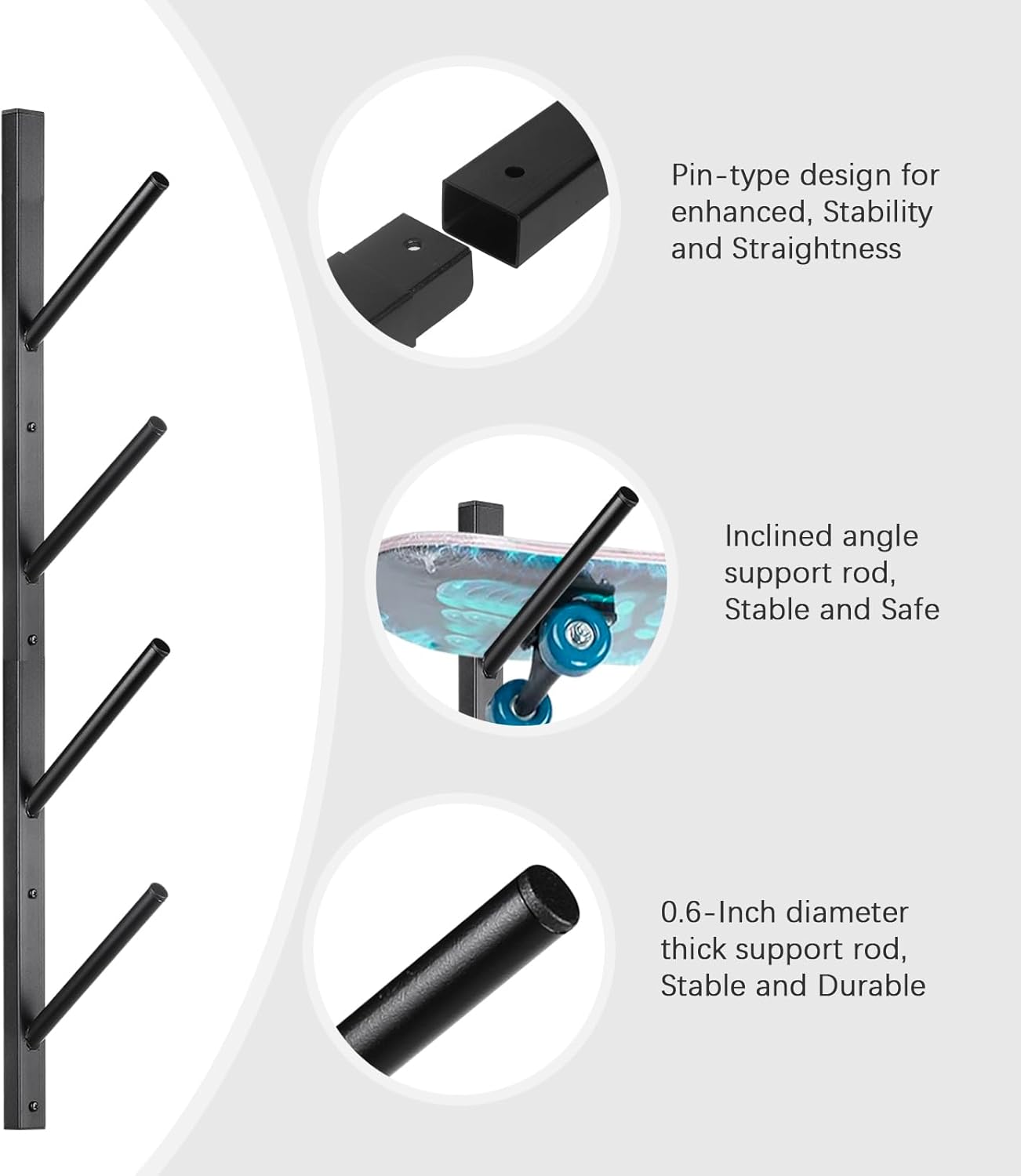 Skateboard Rack Wall Mount – Skateboard Wall Hanger, Snowboard Display Wall Mount, Ski Holder | 4-Floor Skateboard & Ski & Snowboard Storage Rack | Snowboard & Ski Lover Gifts