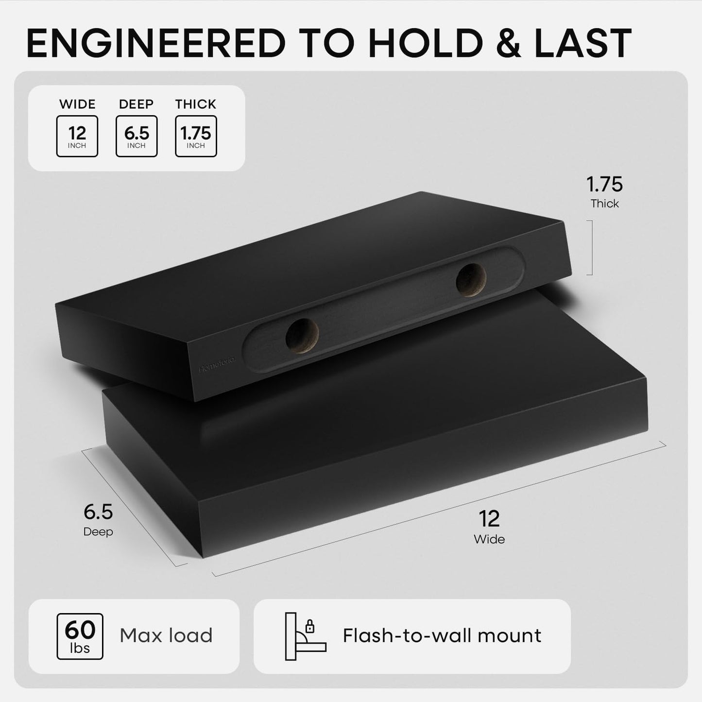 Homeforia Floating Shelf Black 12 inch, High End Solid Real Wood Small 12inch Floating Shelves for Wall Mounted, Black Wooden 12 in Floating Shelves, Heavy Duty Bracket, 12 X 6.5 X 1.75 inch, Set of 2