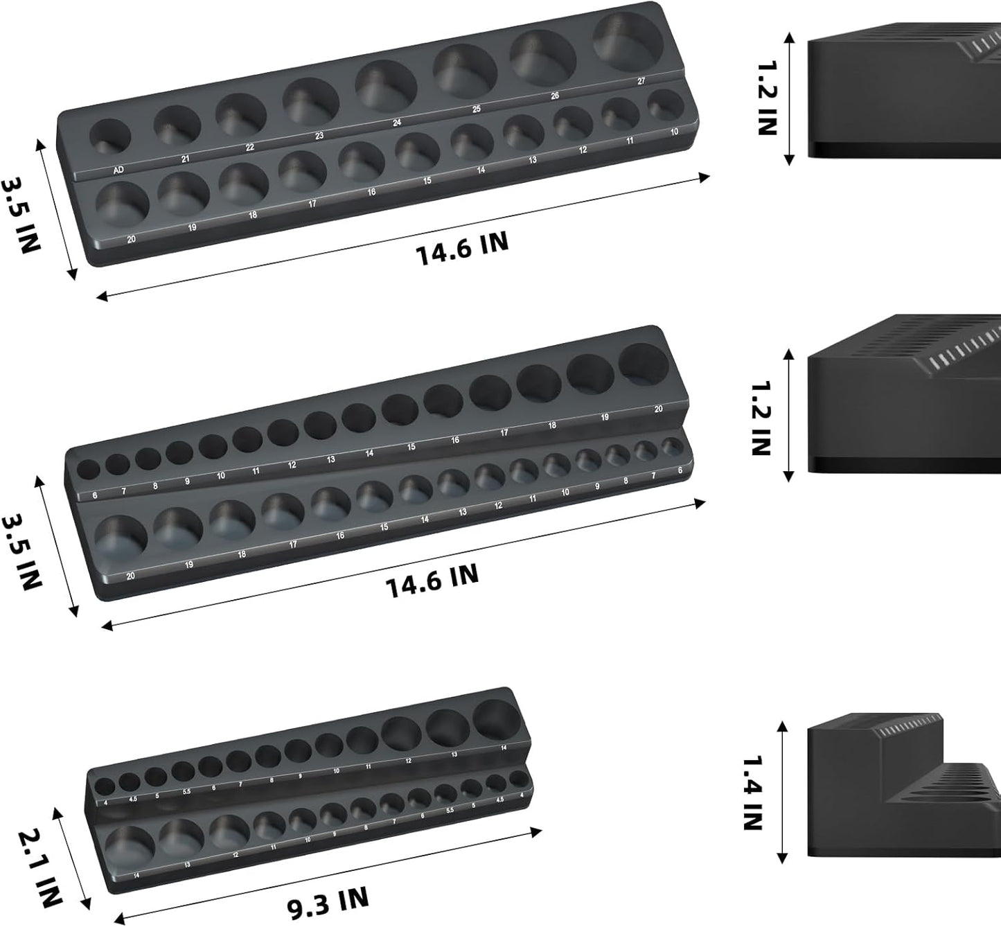 Magnetic Socket Organizer Holder Set – 3-Piece Tool Organizers Including 1/4", 3/8" and 1/2" Drive Socket Holder Metric 68 Pieces Socket Trays (Sockets are not Included) Black