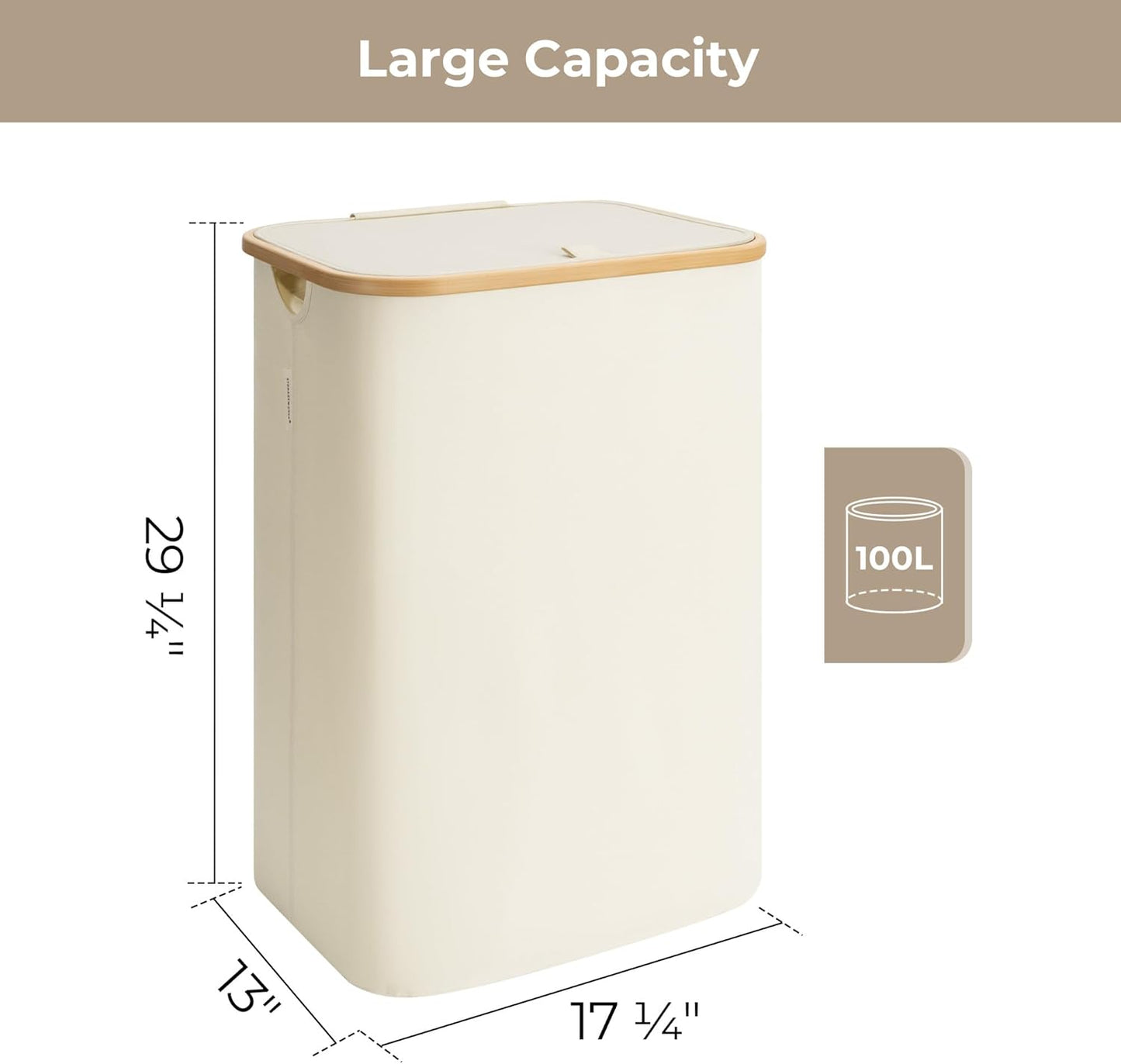 StorageWorks 100L Large Laundry Hamper with Lid, Tall Laundry Basket with Bamboo Handles and 1 Removable Inner Bag, Collapsible Laundry Hamper for Clothing, Towels, Beige, 1-Pack