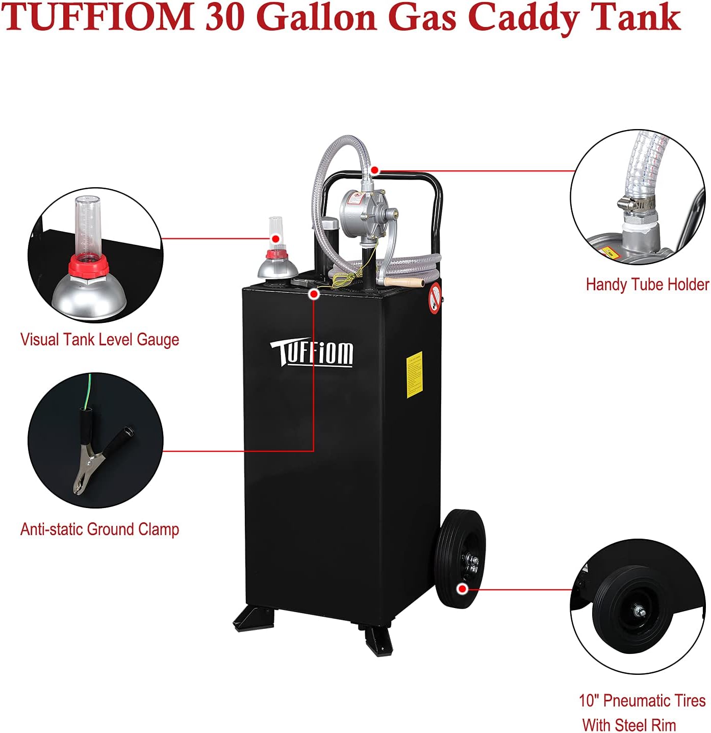 TUFFIOM 30 Gallon Fuel Gas Caddy w/Wheels & Manual Siphon Pump, Portable Diesel Fuel Transfer Storage Tank w/8.9ft Hose, Gasoline Can Container for ATV Car Mowers Tractor Boat Motorcycle
