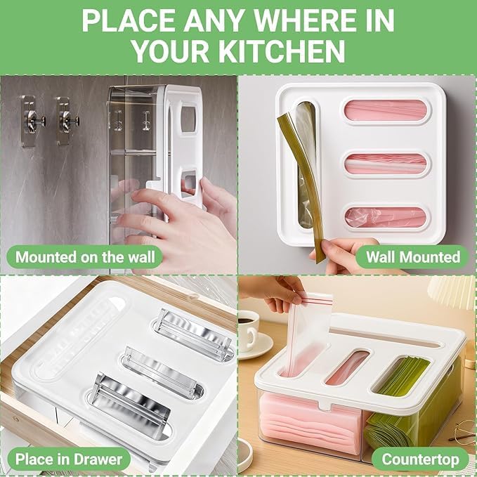 4-in-1 Food Storage Bag Organizer – Holds Gallon, Quart, Sandwich, Snack & Slider Bags – Plastic Baggie Holder for Drawer or Wall Mount – Ships from Local Warehouse