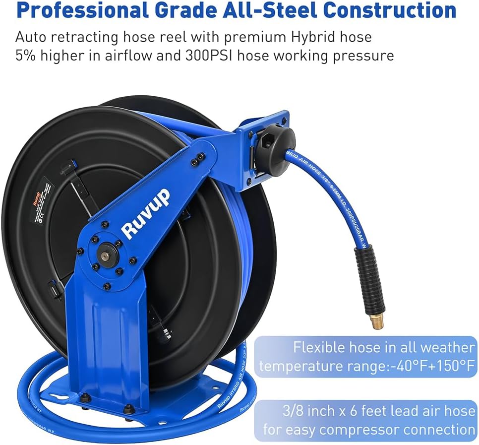 Ruvup Retractable Air Hose Reel, 3/8" x 75ft Air Compressor Hose Reel Auto Rewind Hybrid Hose Max 300PSI with 6.5ft Lead Hose Heavy Duty Steel Double Arm with 12-Position Ratchet Lock