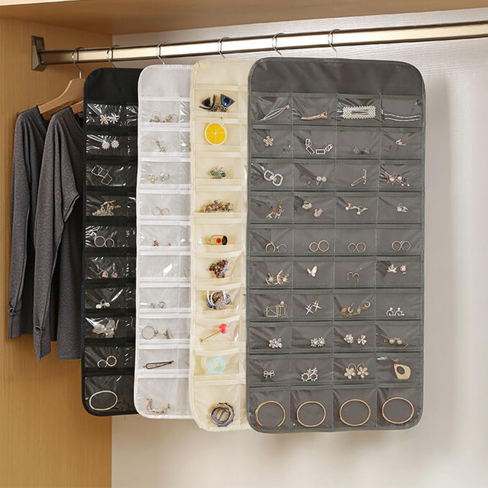 3PCS Hanging Jewelry Organizer with 80 Pocket Double-Sided Jewelry Holder Storage Wall Door Closet Accessories Organizer for Earrings, Necklaces, Rings (White)