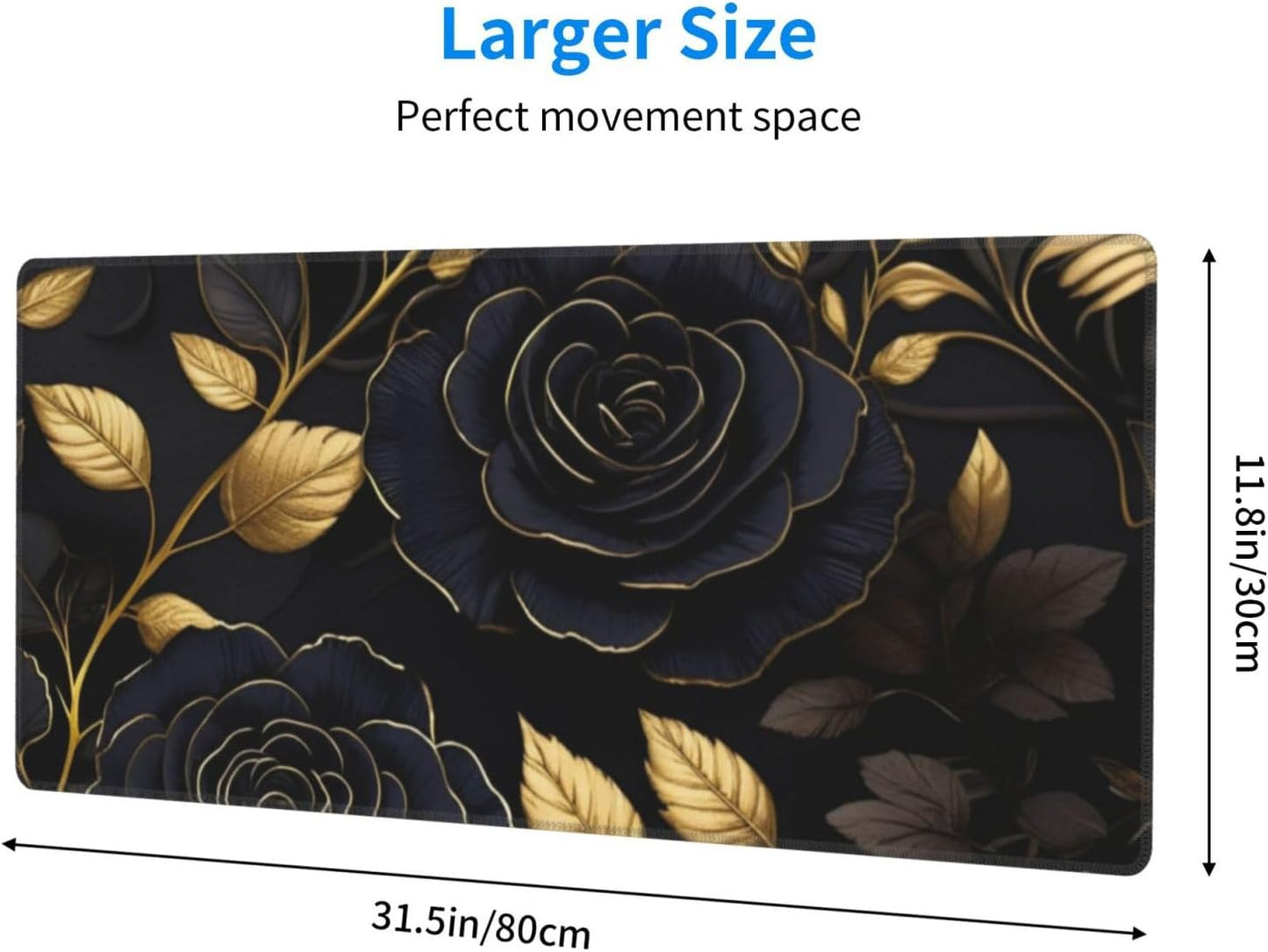 Gaming Mouse Pad, Large Non-Slip Rubber Base Mousepad, Keyboard Mouse Mat, Desk Pad with Stitched Edges, 31.5x11.8inch, Black Flower