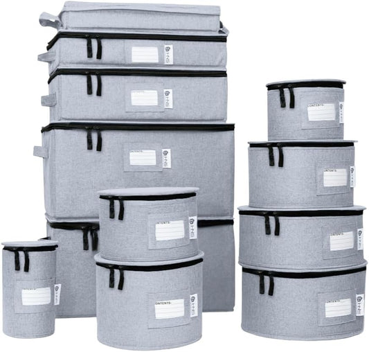 Hard Shell China Storage Containers 12-Piece Set Moving Boxes for Dinnerware, Glasses, Plates, Mugs and Saucers Sturdy Dish Organizer with Dividers for Seasonal Storage - Service for 12 - Grey