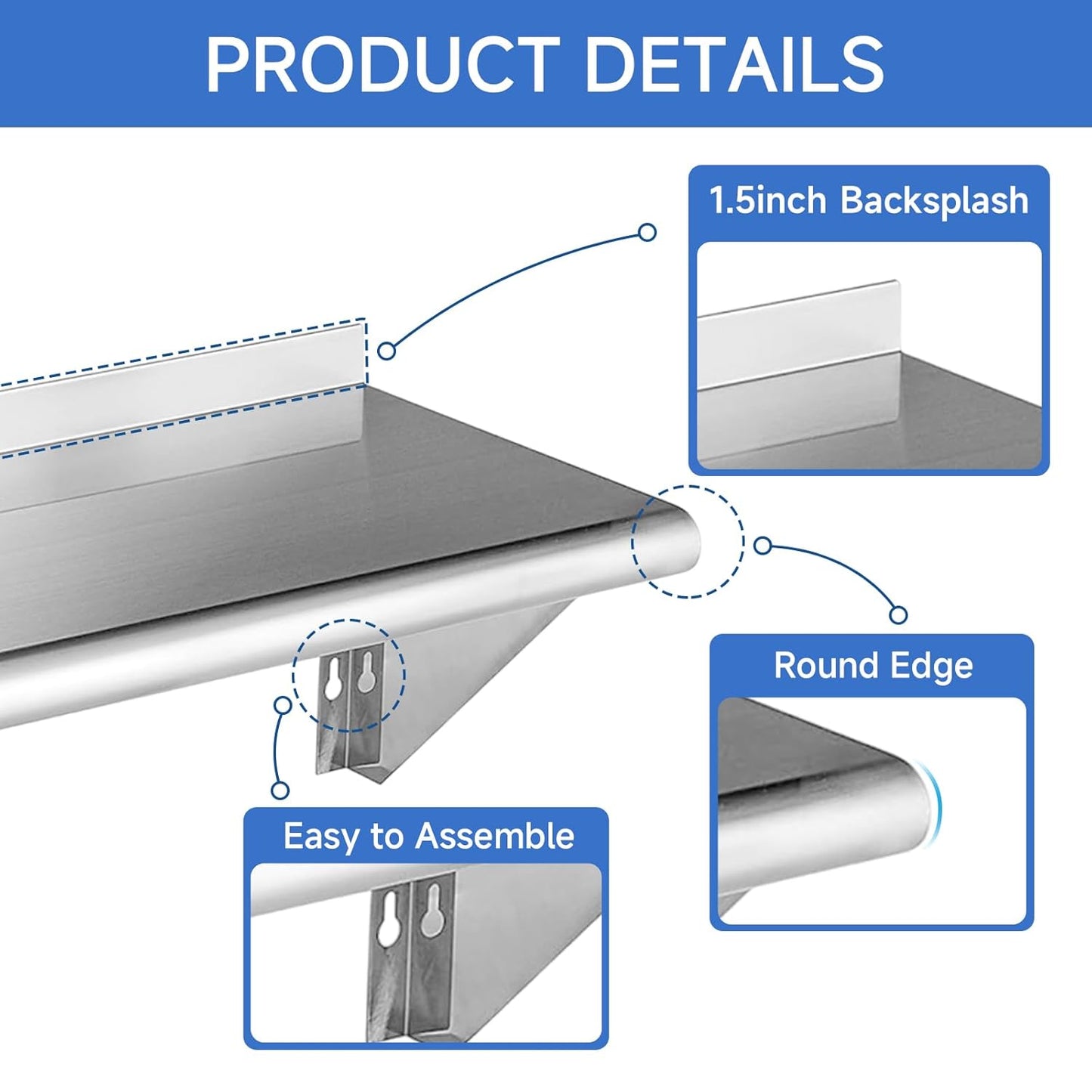 ROCKPOINT Stainless Steel Shelf 14 x 72 Inches 450lb, NSF Metal Commercial Shelves Wall Mount Floating Shelving with Backsplash for Restaurant, Kitchen, Home and Hotel, Silver