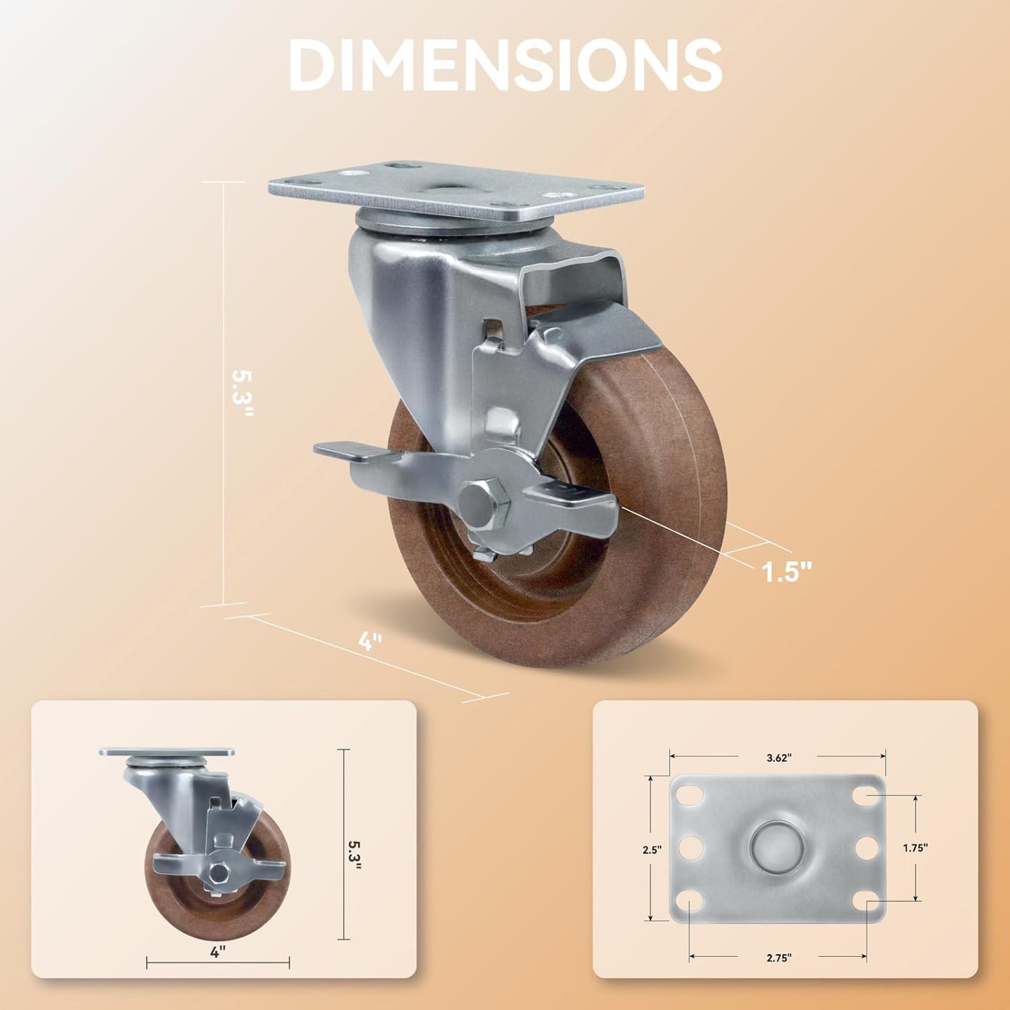 4" Hi-Temp Glass FiIled Nylon Casters, Heavy Duty Casters Set of 4, Industrial Caster Wheels for Commercial Kitchen, Bakery - 2400 lbs Capacity(2 Brake & 2 Rigid)