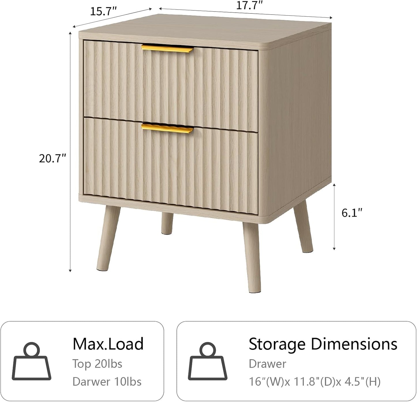 CARPETNAL Fluted Nightstand Set of 2, Beige Bedside Table with 2 Drawers and Gold Handles, Wood End Table Mid Century Night Stands for Bedroom Living Room