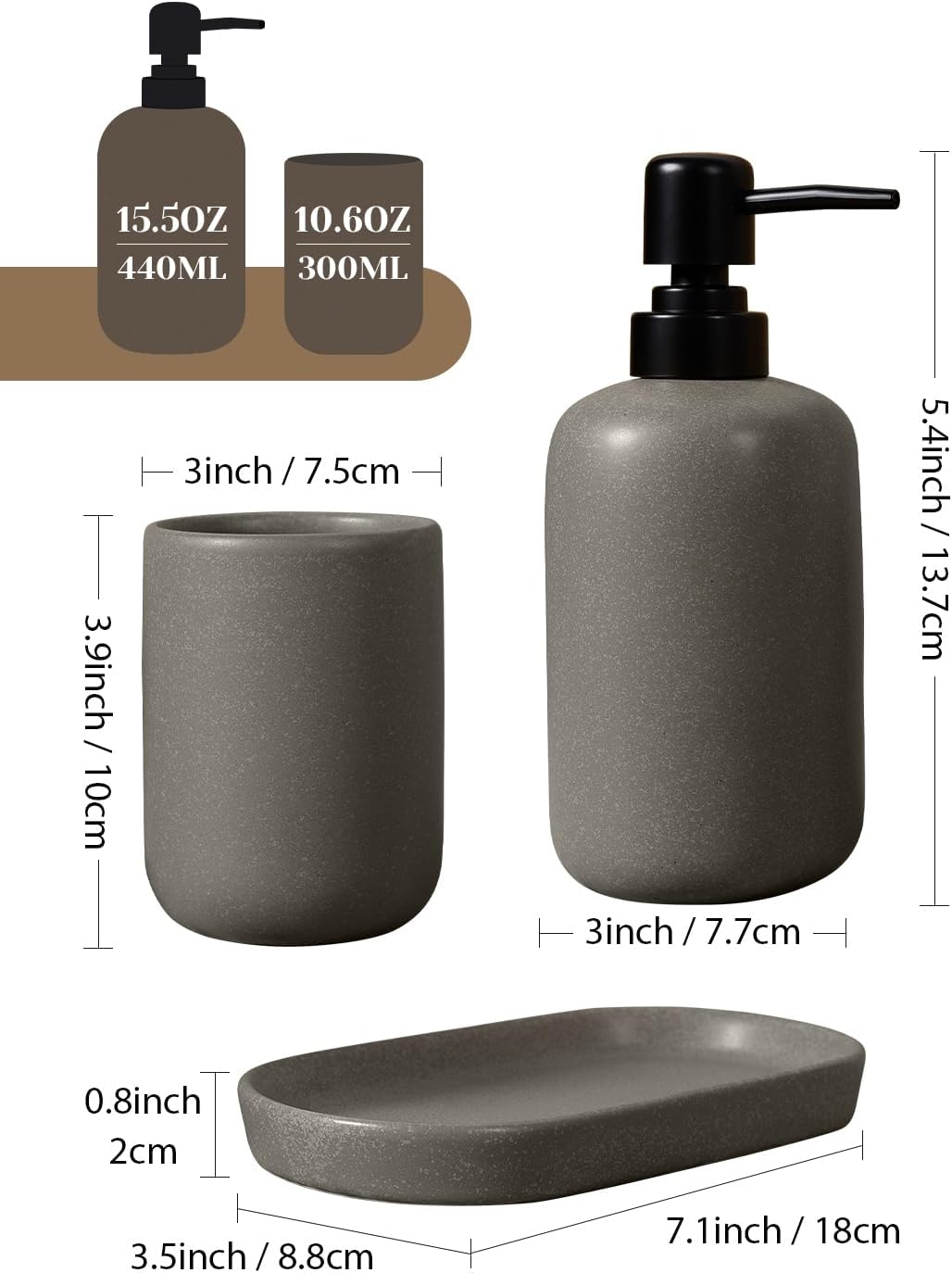 INGOFIN 3 Pcs Ceramic Bathroom Accessory Set - Liquid Soap Dispenser, Toothbrush Holder & Tray, Bathroom Counter Set, Countertop Essentials for Home, Guest Bathroom, or Office Use, Grey