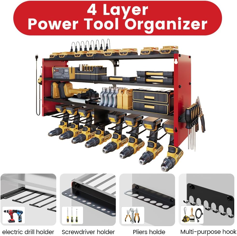 4 Layers Power Tool Organizer Wall Mount with Power Strip, Heavy Duty Metal Tool Shelf, 400lbs Capacity for Cordless Drills, Batteries & Garage Storage (8 Slots with 8 Outlets Power Strip)