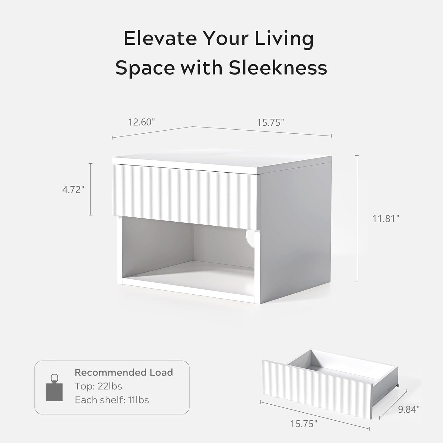 Small Floating Nightstand with Drawer, Modern Night Stand with Fluted Door and Open Storage Shelf Wall Mounted Bedside Table for Bedroom, Entryway White
