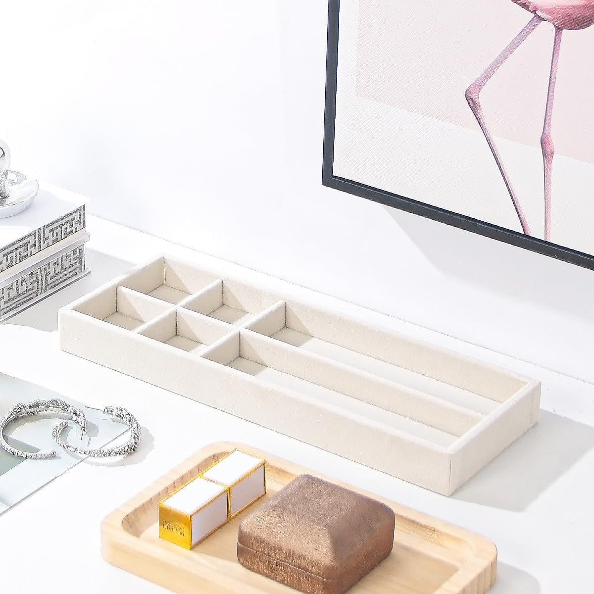 2Pcs Desk Drawer Storage Tray, Nightstand Organizer, Necklace Bracelet Ring Earring Jewelry Display, Grid Table Organizer Holder for Sunglass, Phone, Watch, Perfume (6 grid)/Beige