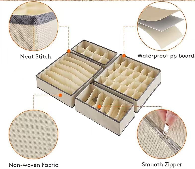 4 Piece Drawer Organiser,Collapsible Non-Woven Sorting Box,Closet Divider For Underwear,Socks,Bras,Ties (Khaki)