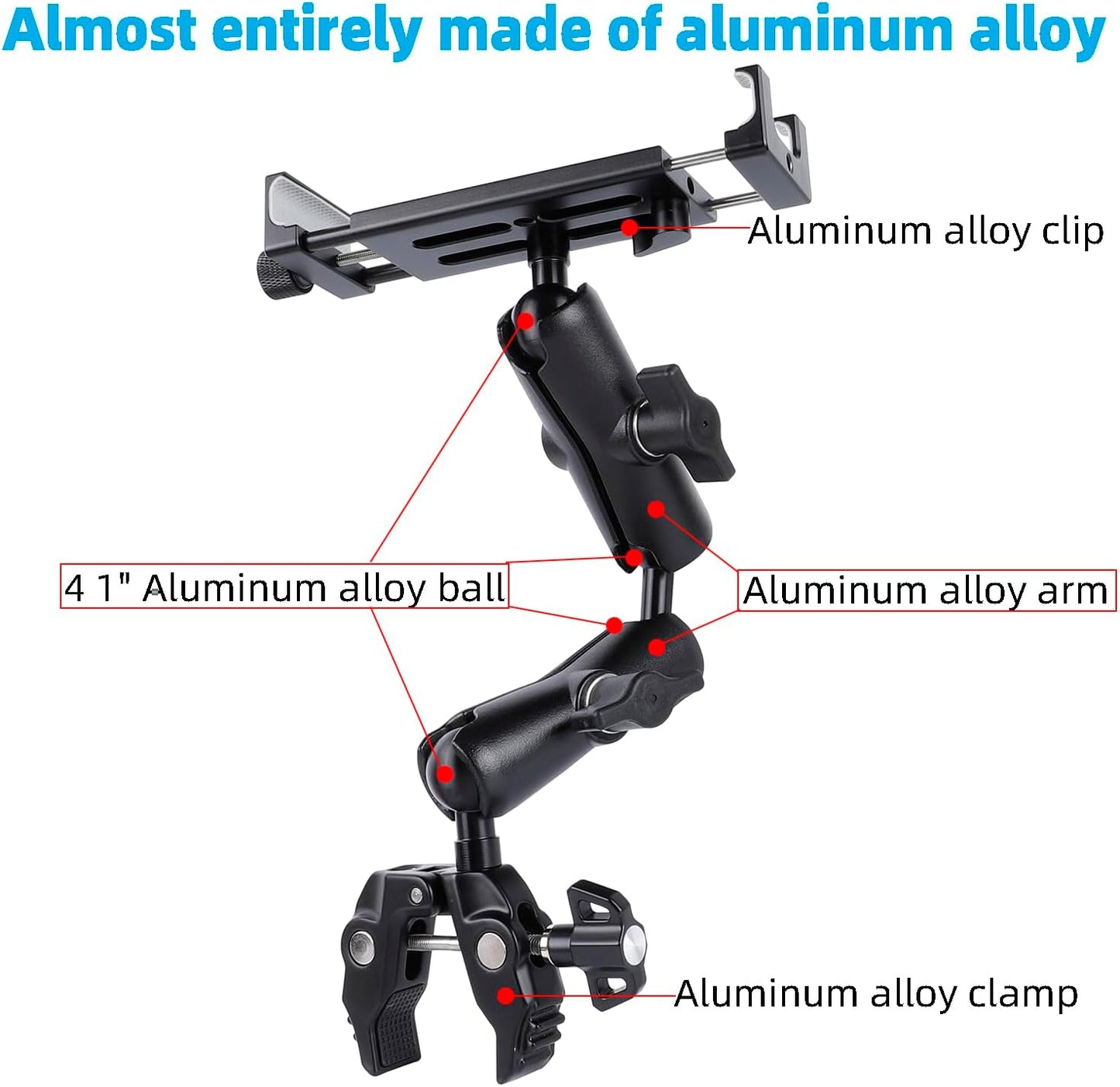Aluminum Dual Arm Tablet Mount with Super Clamp for Rails 0.5'' to 2'' in Diameter, Side Mount Tablet Holder for Mic Stand, Compatible with iPad Pro 12.9 Air Mini, Galaxy Tab, 4.7-12.9" Tablets