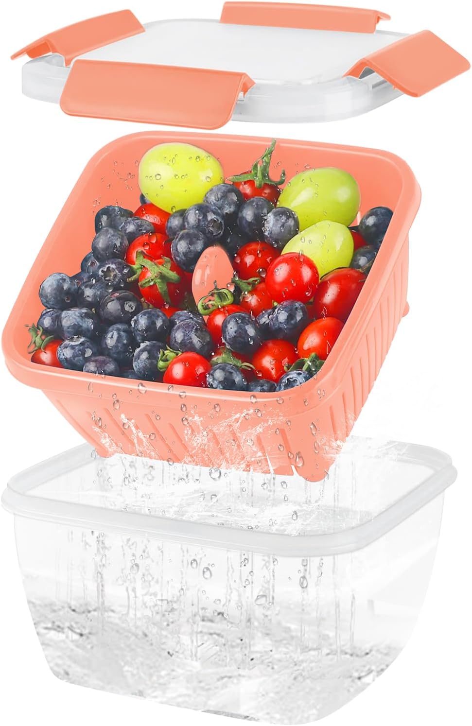 50oz Berry Keeper Fruit Storage Container for Fridge, Fresh Food Produce Saver Containers with Removable Drain Colander, Vegetable Lettuce Keeper Bowl, Refrigerator Organizer, PRESS TO OPEN CLOSE LID