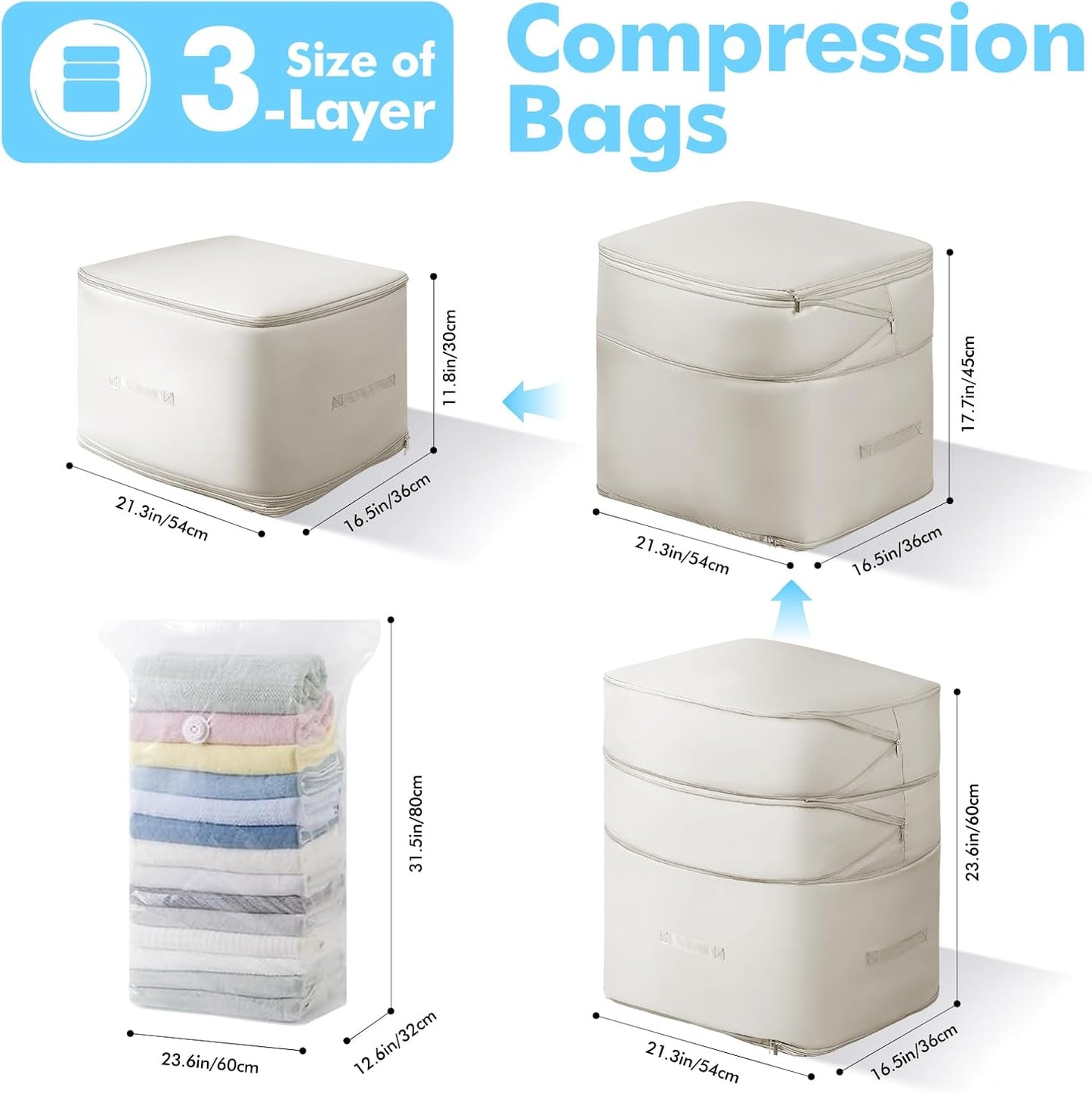 Comforter Storage Bag-Ultra Space Saving Large Self Compression Organizer for Comforters and Blanket,3-Layer Zipper Self-Compressing Organizer for Storage Bedding. (Beige, 2 Pack)