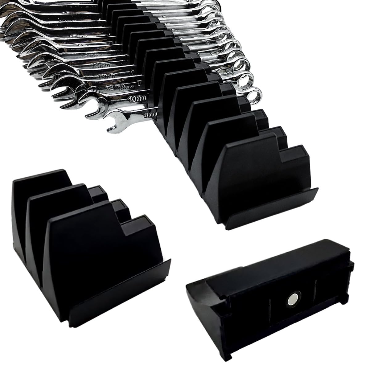 46PC Magnetic Wrench Organizer Set for Toolbox Storage - Heavy Duty Wrench Rack with SAE/Metric Labels & Upgraded Magnet - Black Tool Drawer Organizer (Ideal for Mechanics and DIY)