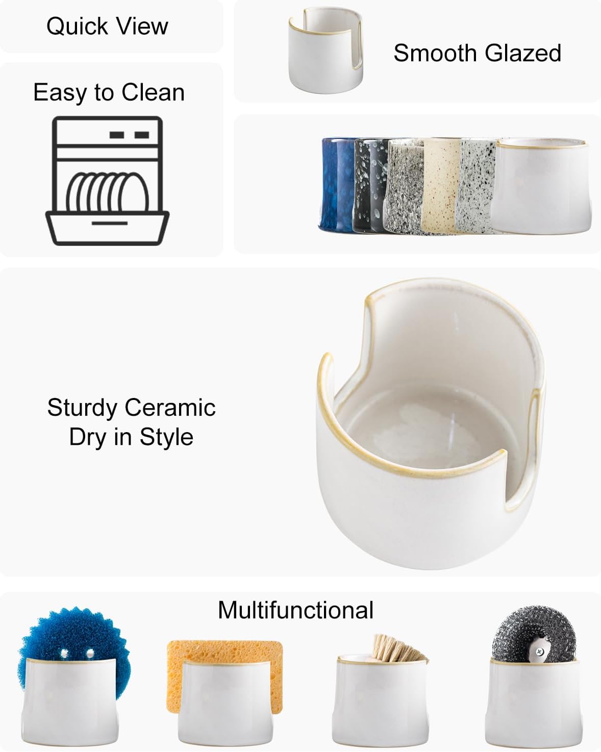 Sponge Holder for Kitchen Sink, Ceramic Dish Sponge Drying Caddy Scrubby Daddy Kitchen Organizer Cute Dish Rack for Sink Counter, Beige White
