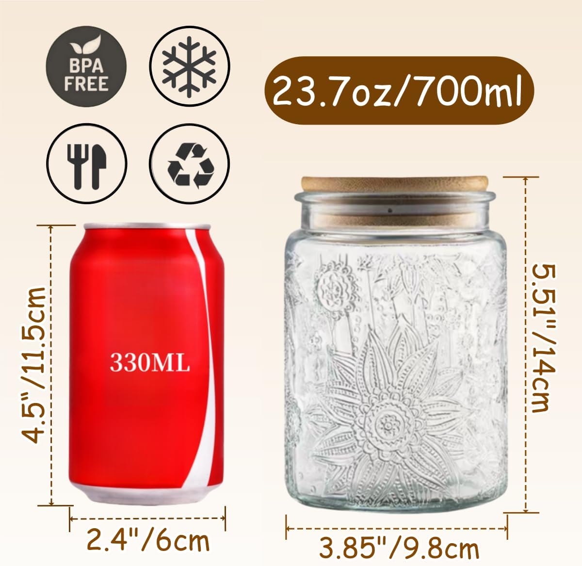 ANSQU 2 Pack Vintage Glass Storage Jar, 23.7 FL OZ Glass Food Storage Containers with Bamboo Lid, Candy Jars with Lids for Kitchen Counter, Pantry, Coffee, Tea, Sugar