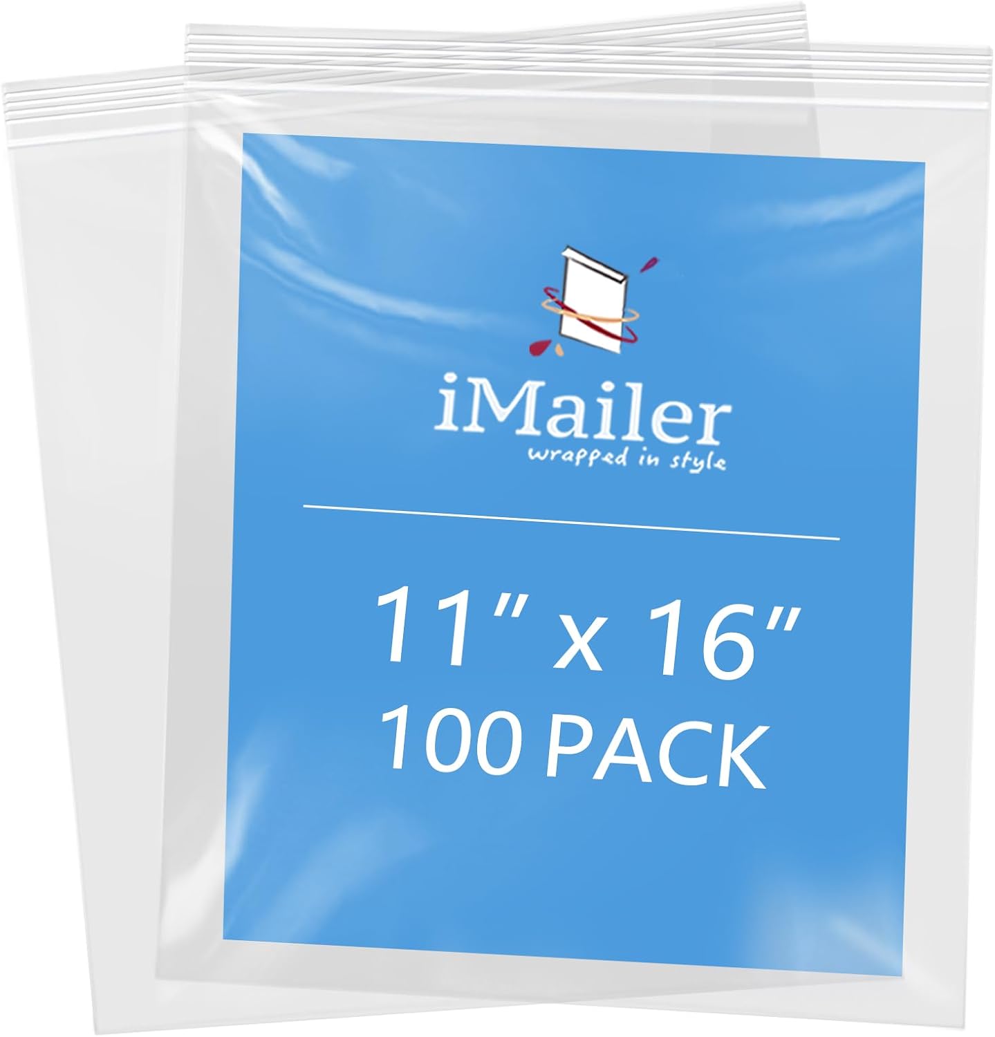 iMailer- 11" x 16" 100 Pack- 2 Mil Resealable Zip Bags- Clear Plastic Bags with Zip Top Lock for Storage, Organizing, Crafts, Travel