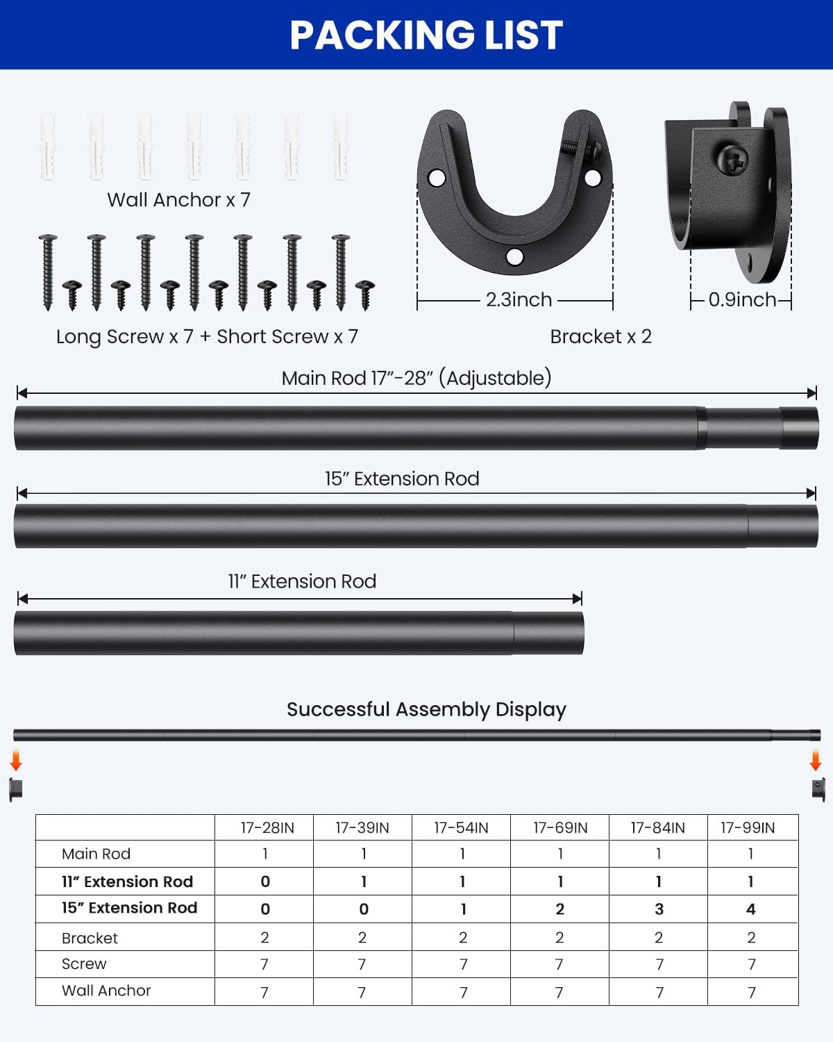 Closet Rods for Hanging Clothes, 17 to 39 Inches Stepless Adjustable Metal Closet Rod, 1.3 Inches Heavy Duty Clothes Hanging Rod for Closet Wardrobes Laundry RV, Black