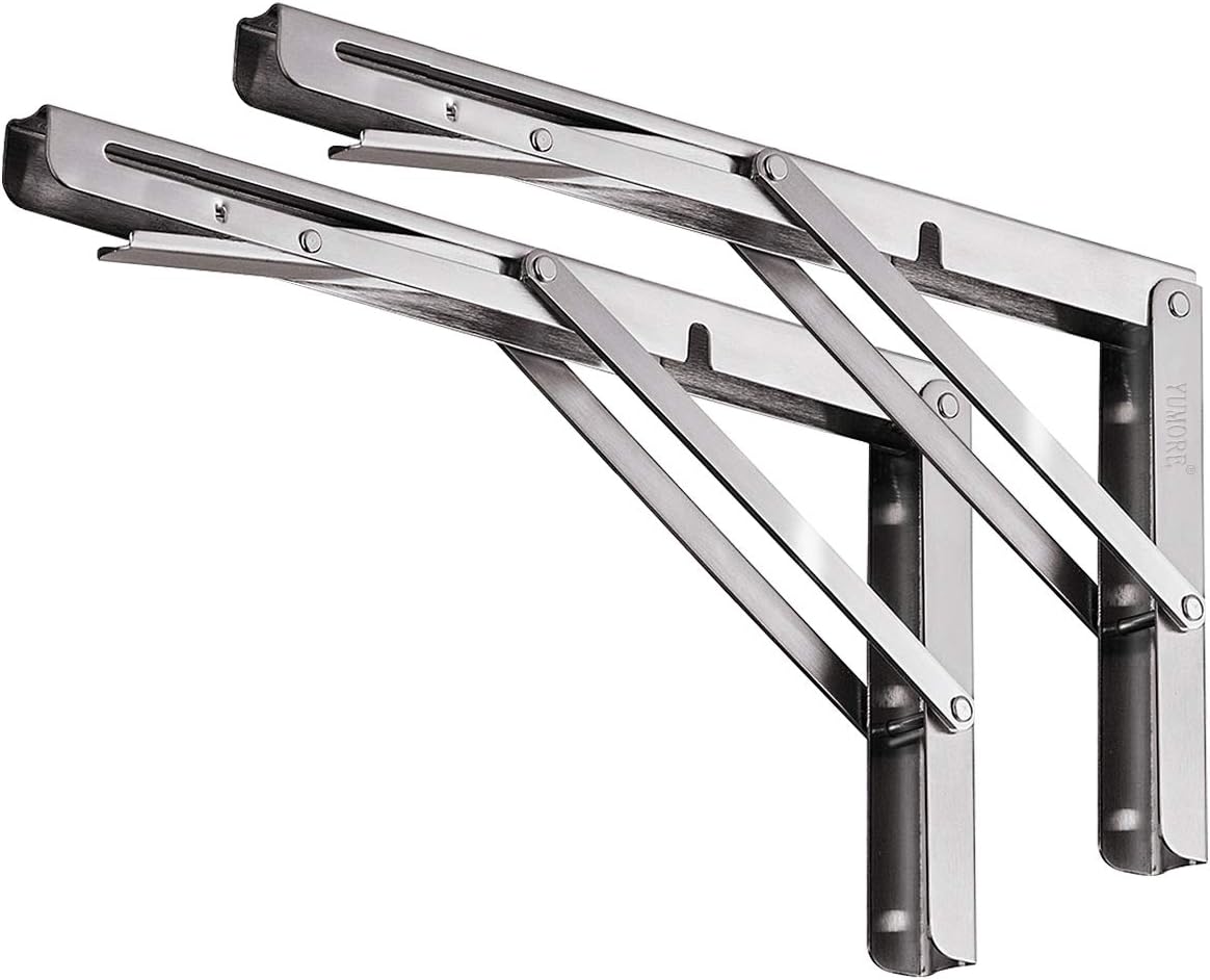 YUMORE Folding Shelf Brackets 16 Inch, Max Load: 330lb Heavy Duty Stainless Steel Collapsible Shelf Bracket for Table Work Bench, Space Saving DIY Bracket, Pack of 2