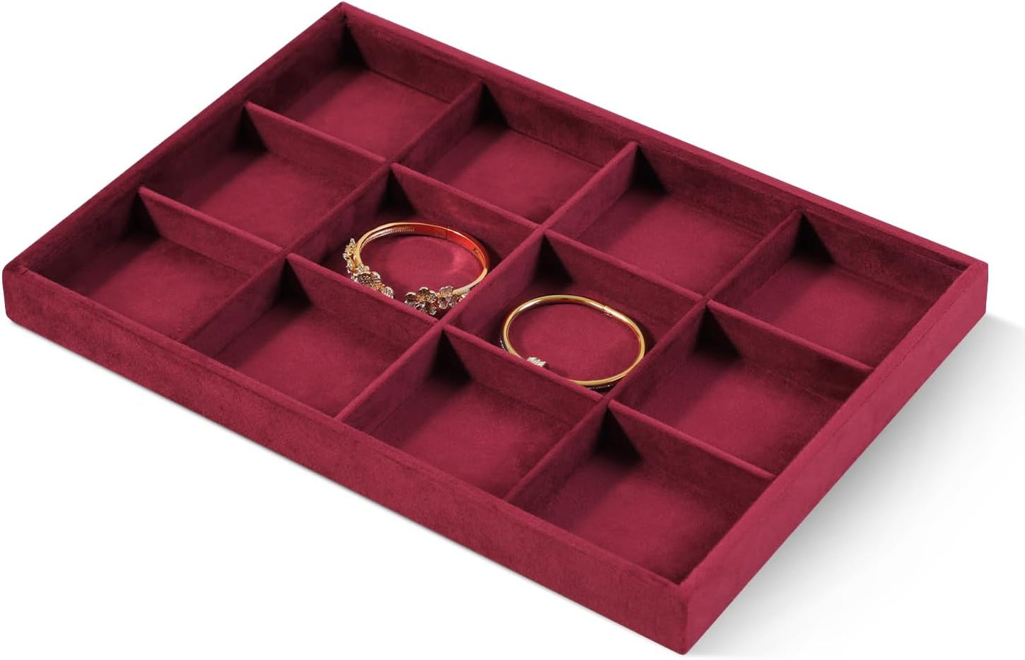 Velvet Stackable Jewelry Display Tray, 12 Grid Watch Bangle Bracelet Storage Tray, Makeup Drawer Insert Jewelry Shop Organizer Plate (Red)
