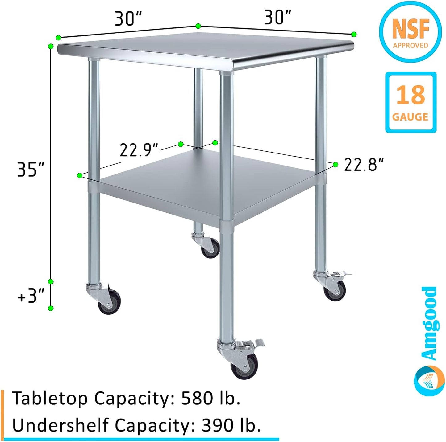 AmGood 30" Long x 30" Deep Stainless Steel Table with Casters