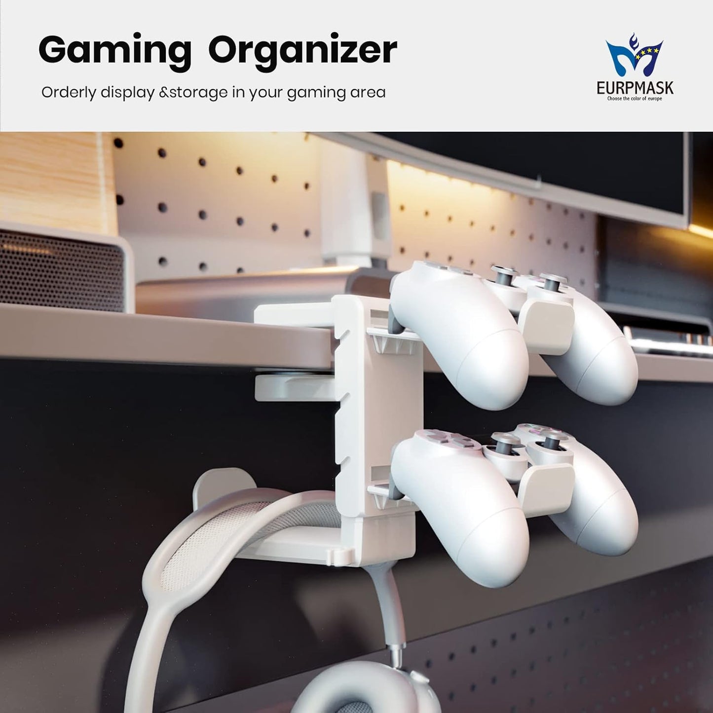 3-in-1 PC Gaming Headset&Controller Holder - EURPMASK Headphone Stand w/Adjustable Clamp&2 Controller Holder&Rotating Arm&Cable Organizer, Universal PC Gaming Accessory Controller Headset Stand-White