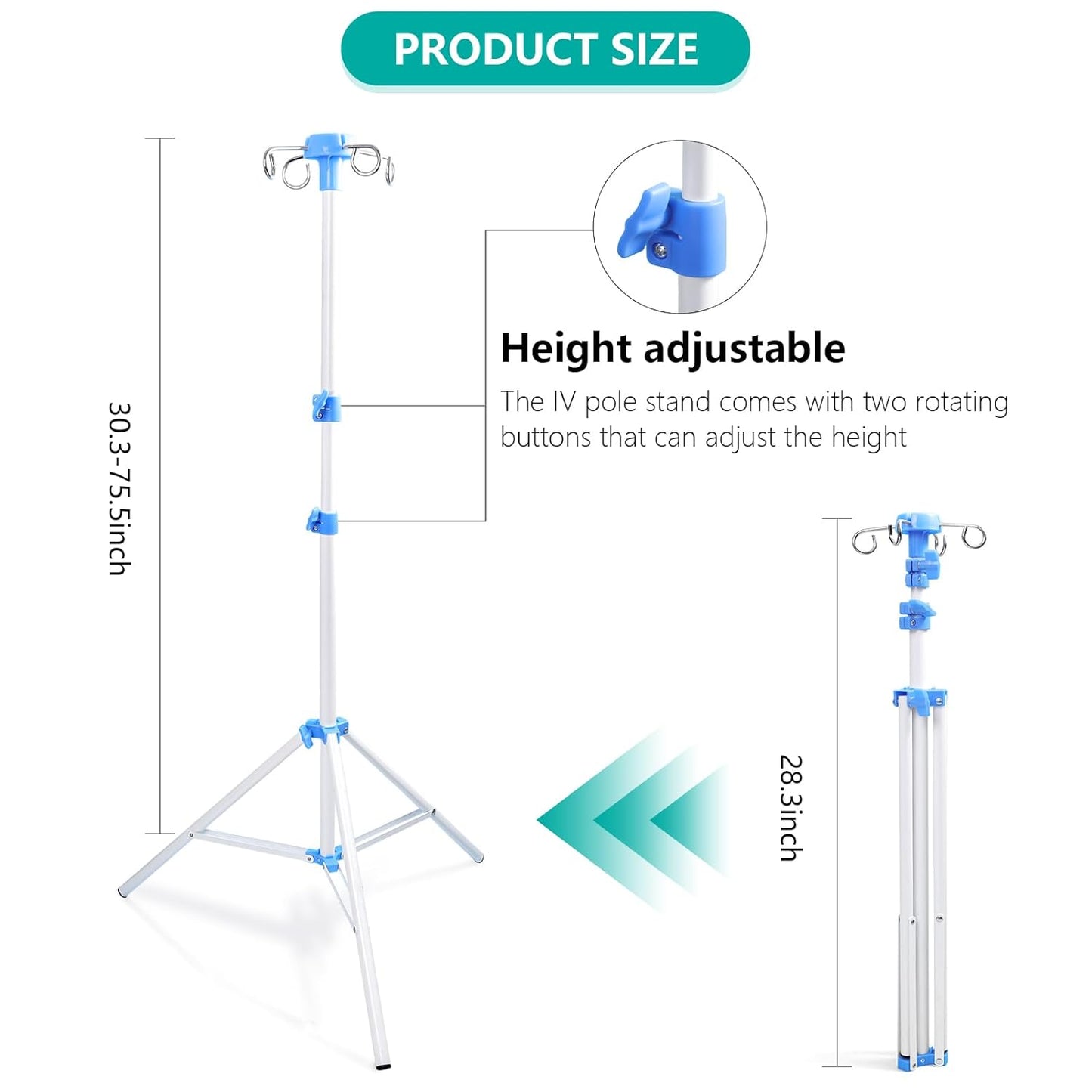 Lefeke IV Pole Portable for Traveling, Adjustable IV Stand with Hooks, Medical IV Drip Infusion Bag Holder, IV Fluids Floor Stand (White)
