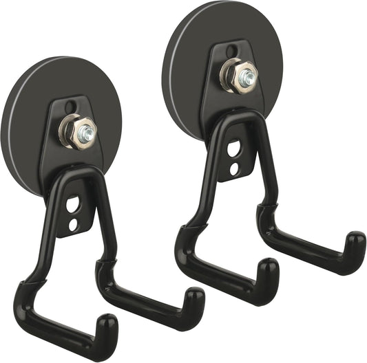 ULIBERMAGNET New Upgraded Large Magnetic Hooks,Strong Heavy Duty Magnet Hooks for Power Drill,Broom,Garden Tools, Pegboard, Garage, Workshop,Hardware, 2 Pack Magnet Storage Holder for Hanging(Black)