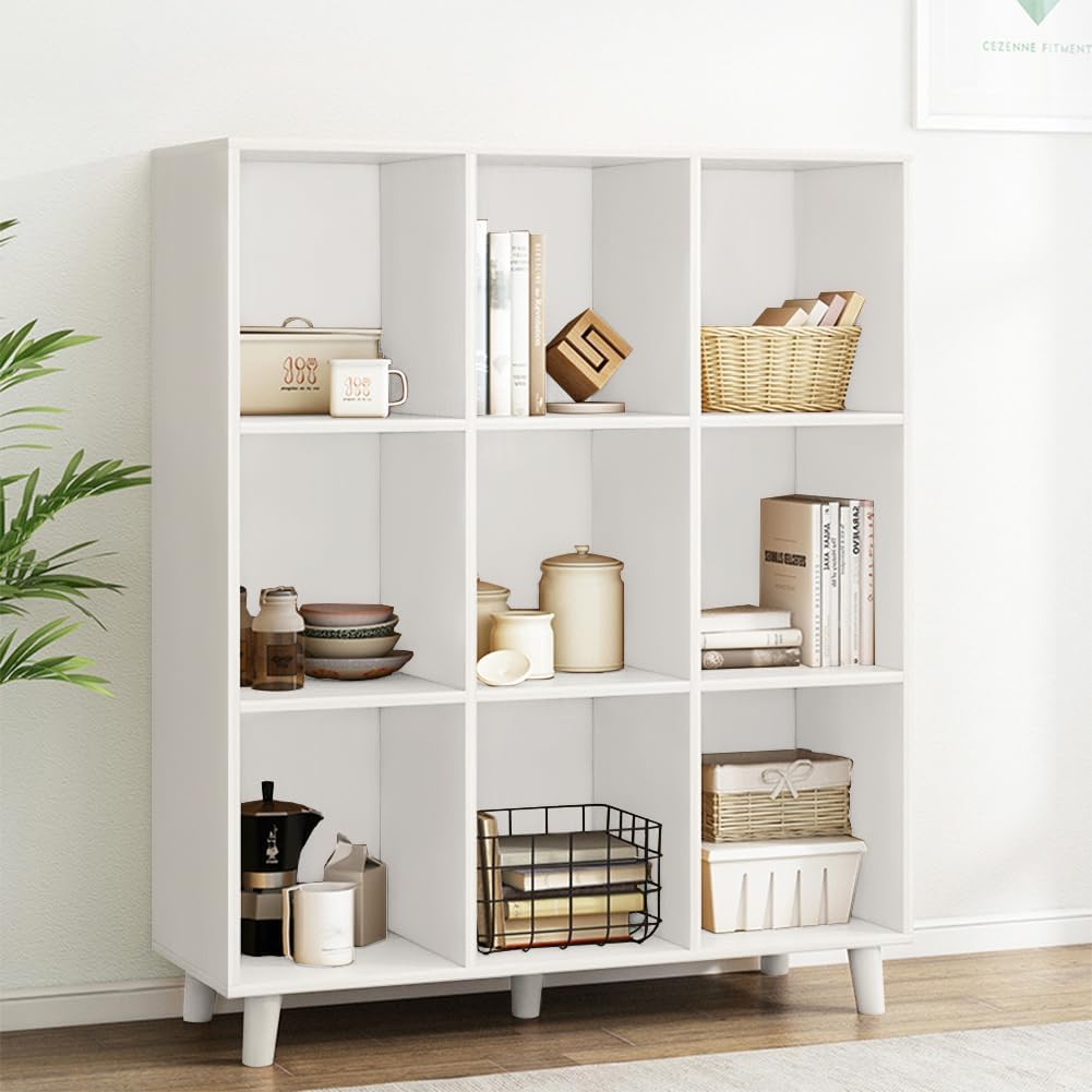 IOTXY Open Cube Low Bookcase - 3-Tier Freestanding Storage Display Cabinet Organizer with Legs for Home Office, 9-Cubes Open Shelf Short Bookshelf, White
