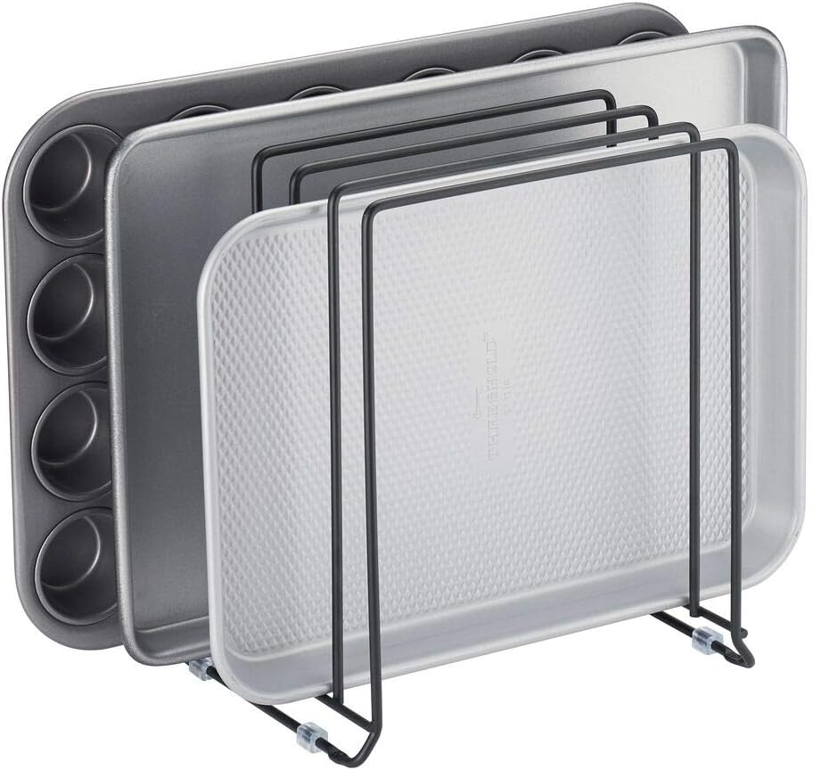 mDesign Pot Lid and Pan Rack — Metal Wire Rack for Cabinets, Pantries or Kitchen Surfaces — Freestanding Pan Stand with 5 Slots for Pans, Pots, Lids and Crockery — Black