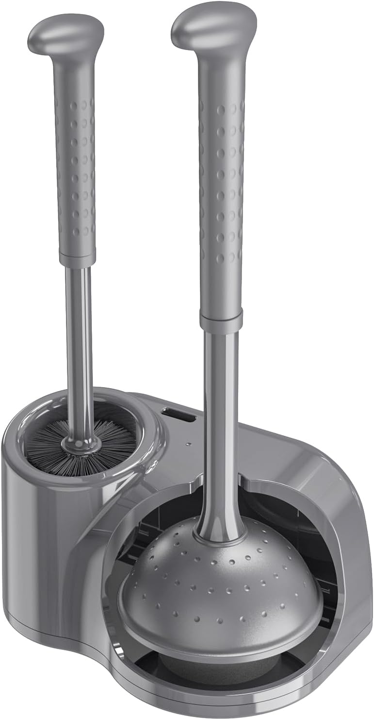 Toilet Brush and Plunger Set: 2-in-1 Heavy Duty Toilet Plunger and Bowl Brush Combo with Holder for Bathroom Cleaning - Grey