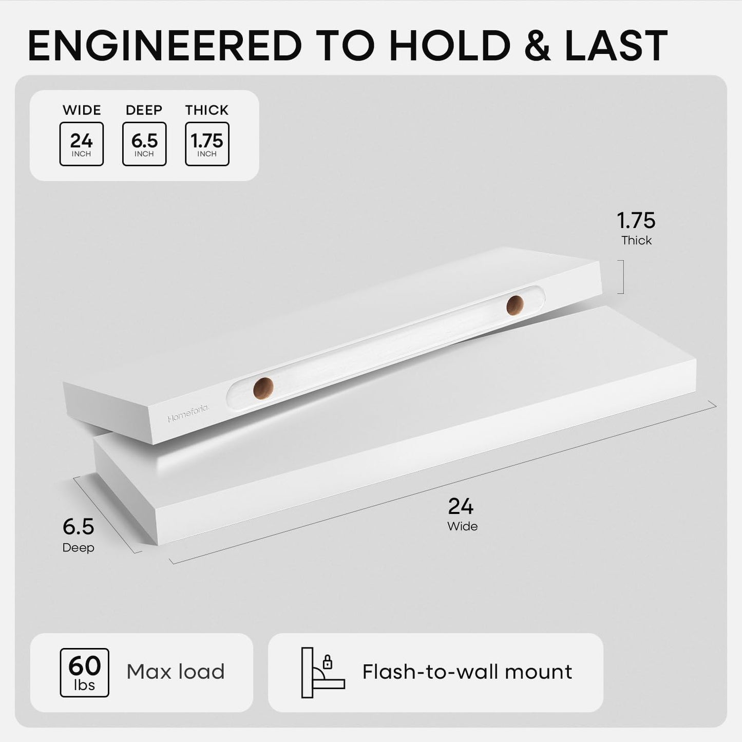 Homeforia White Floating Shelves 24 inch, High End Solid Real Wood 24inch Bathroom Floating Shelf for Wall Mounted, White Wooden 24in Floating Shelves, Heavy Duty Bracket, 24 X 6.5 X 1.75 in, Set of 4