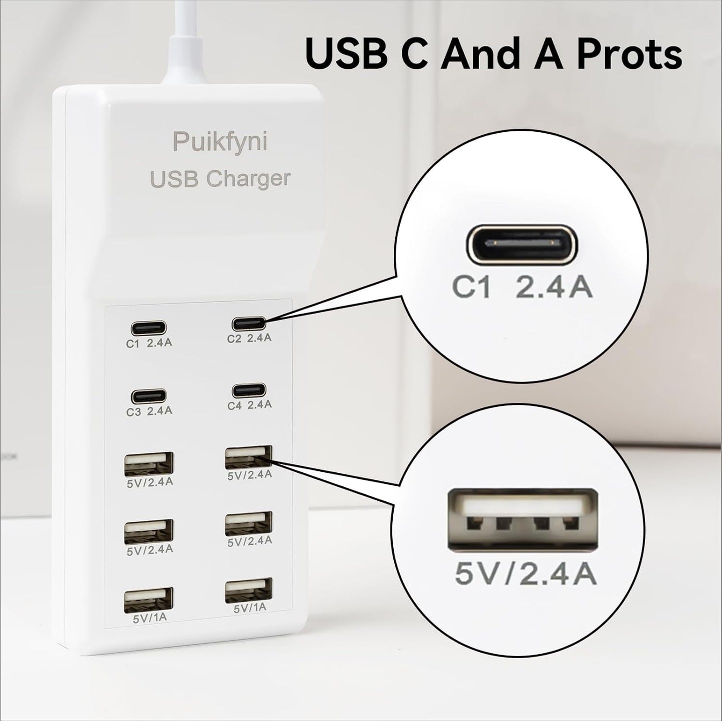 Portable USB C Charging Station,USB-C 4-Ports, USB Charging hub 10-Ports/USB c Charger Block for Multiple Devices Phones Tablet Smartwatch Headphones Speakers (USB-4C+6A)