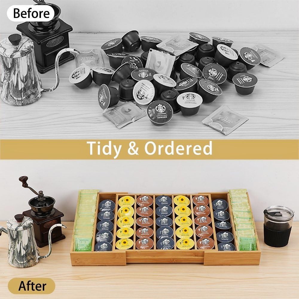 K Cup Holder Bamboo Coffee Pod Holder Drawer Organizer, Expandable K Cup Pod Storage Tea Bag Storage for Coffee Station Home Office and Kitchen