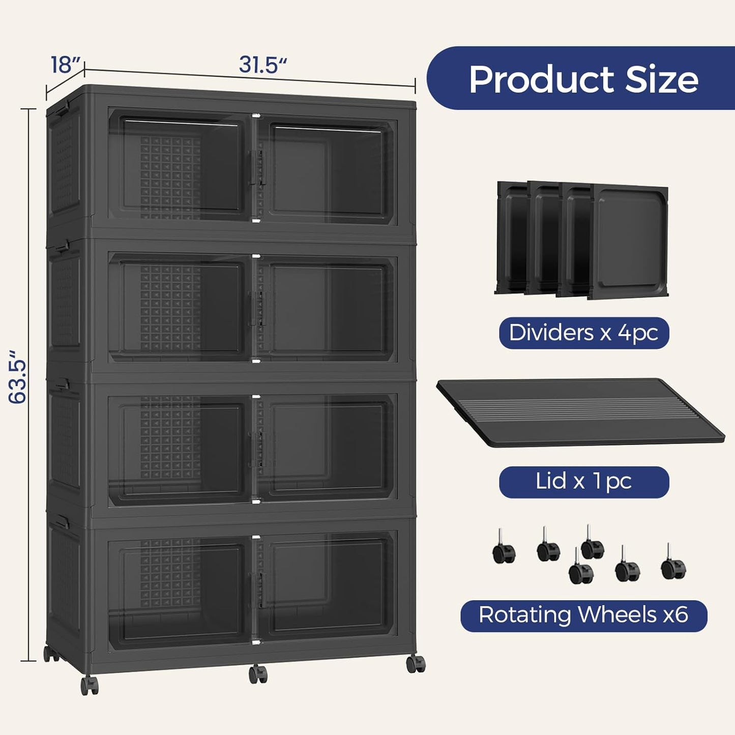 200Gal Stackable Storage Bins with Lid, 800Qt Extra Large Collapsible Storage Box with Wheels, Dividers, Folding Plastic Cabinet Closet Organizers for Home Kitchen Office Dorm, 4Pack Black