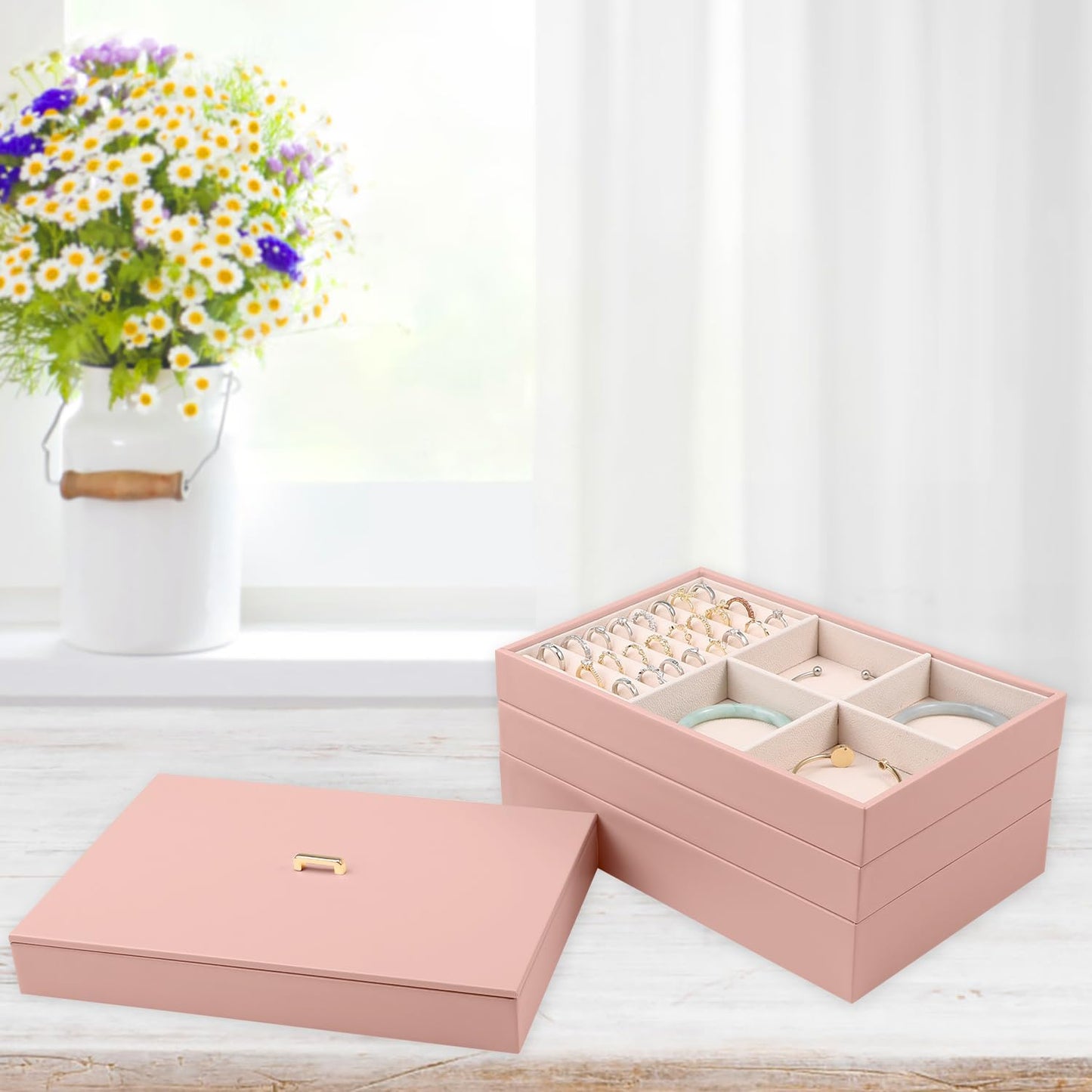 Voova Stackable Jewelry Organizer Tray with Lid, PU Leather Jewelry Storage Holder for Drawer Inserts, Jewellery Display Box Case for Earring Necklace Ring Watch Bracelet (Set of 4, Pink)