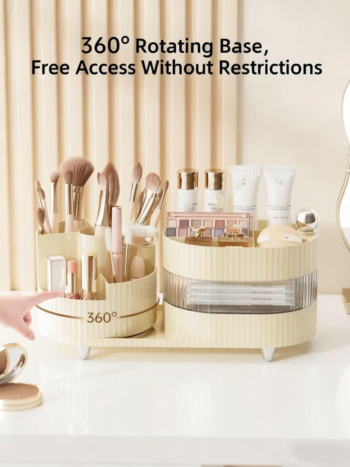 360° Rotating Cosmetic Organizer,3-Layer Display Cabinet With Brush Holder And Drawer,12 x 11 x 4 inches(Cream White)